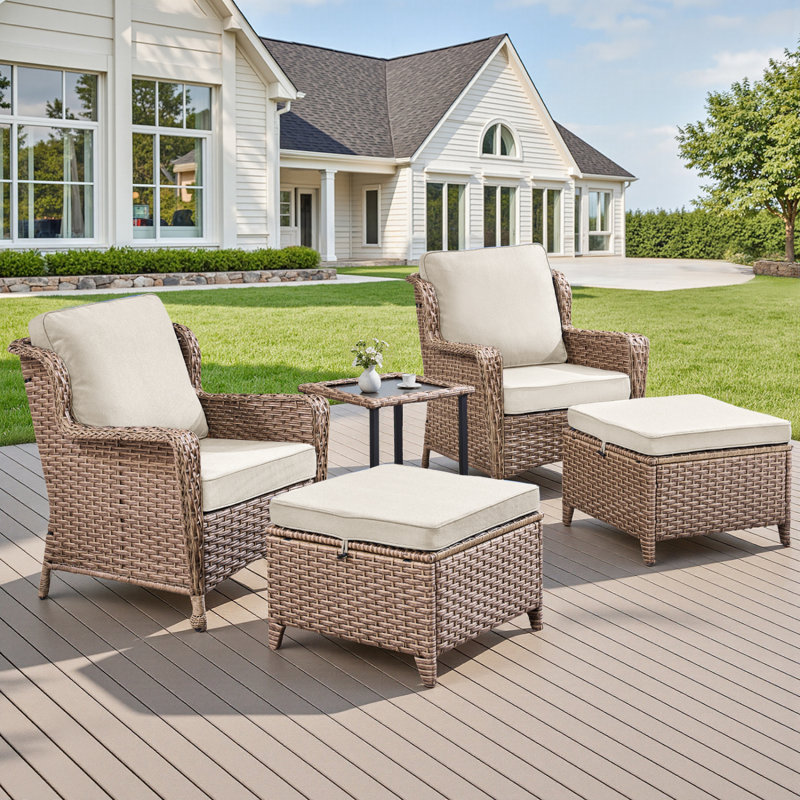 Ensemble de chaises longues d'extérieur 5 pièces avec table d'appoint et repose-pieds, chaises longues de patio pour porche ou terrasse