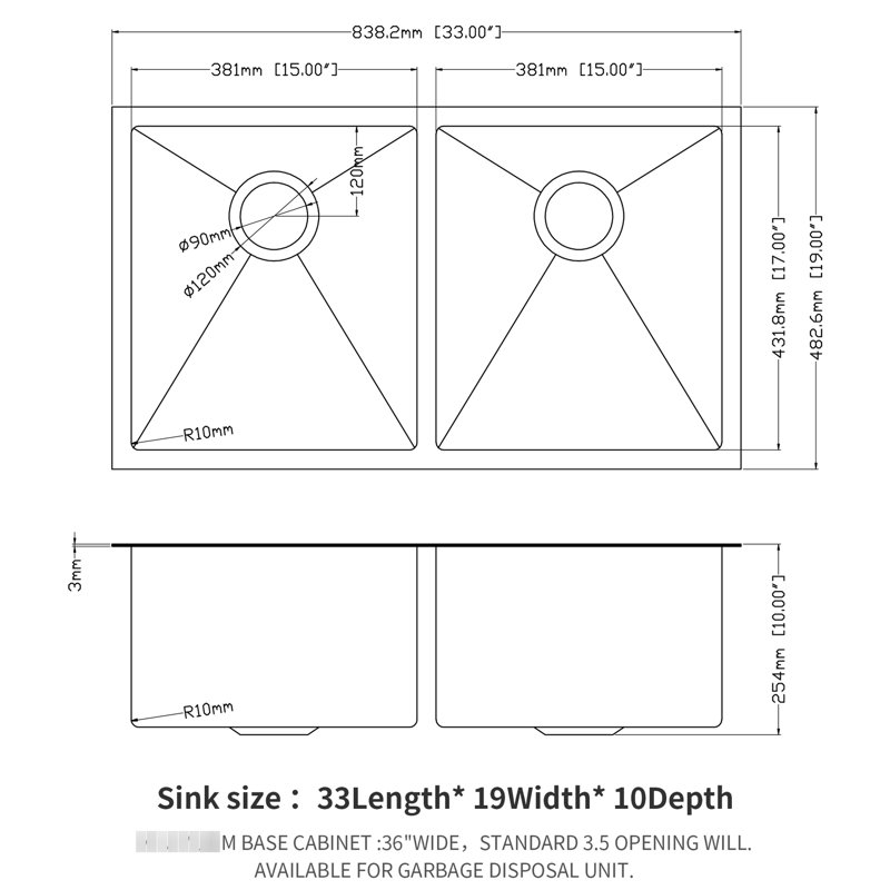 Gunmetal Black 33"X19" Double Bowl  50/50  Undermount Stainless Steel Kitchen Sink, 16 Gauge, 10" Deep, Hand - Shaped With Rear 3.5 Drain, X Grooves For Quick Water Draining, Sound Absorbing Mats,