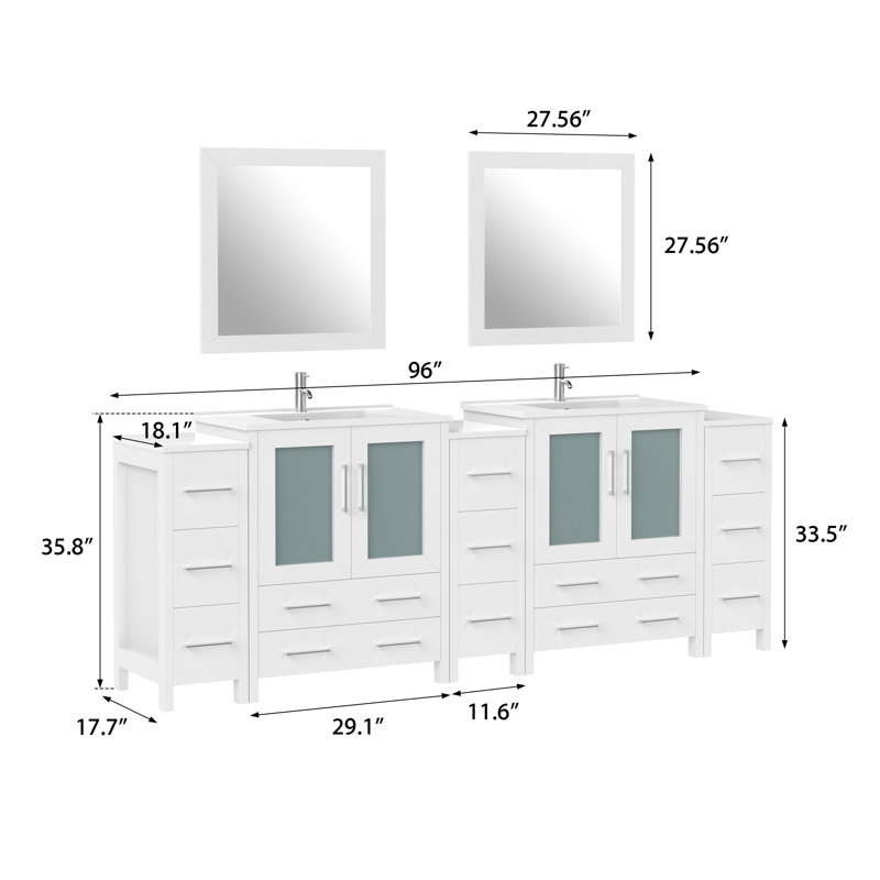 Karson 96'' Double Bathroom Vanity with Ceramic Top with Mirror, White