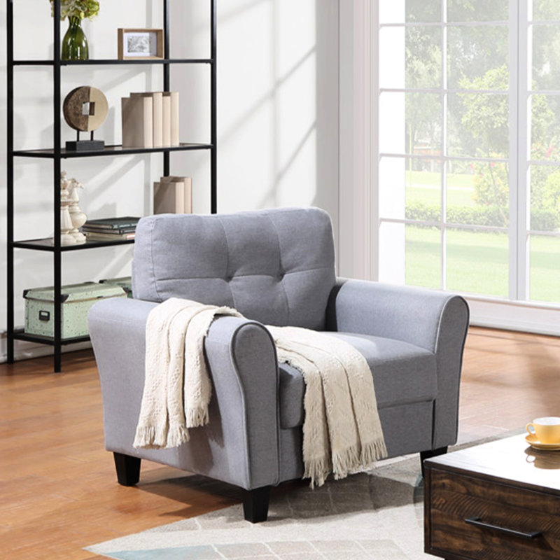 Fauteuil confortable de 35 po revêtu de tissu en lin gris-bleu doux pour une expérience relaxante