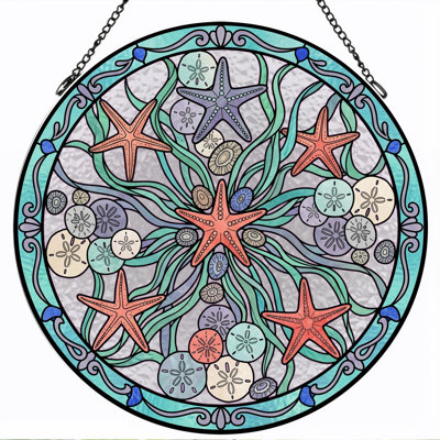 Starfish Sanddollars Stained Glass Window Panel，12"H