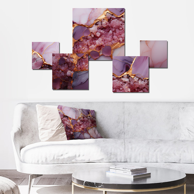 Agate rose et or rose, rivière IV - ensemble abstrait d'art mural carré de 5