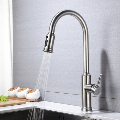 Pull Out Spray Kitchen Faucet In Stainless Steel, Brushed Nickel Style, 360 Rotating Nozzle For Effortless Water Operation, Corrosion And Rust, Single Handle Flow Adjustment Device Faucet, Surface,