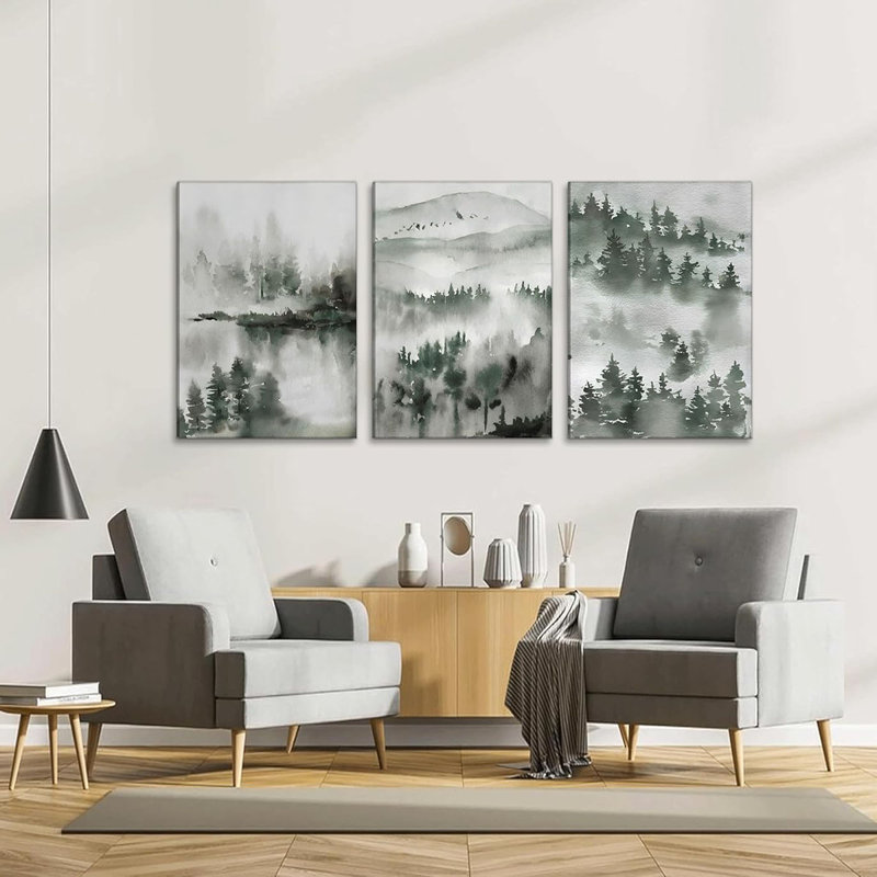 3 Pcs Watercolor Misty Forest Canvas Wall Art Green Lnk Abstract Mountain Natural Landscape Paintings Pictures Wall Decor Poster Print Artwork For Living Room Bedroom Office Home Decoration