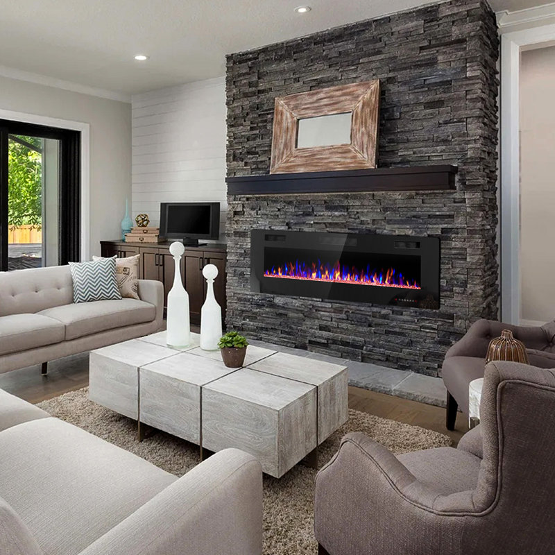 Recessed & Wall Mounted Electric Fireplace With Remote Control & Adjustable Flame, 18.1" H x 60" W x 3.86" D