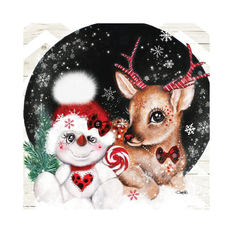 «Christmas Reindeer & Snowman Friend», reproduction d'art sur toile encadrée, H 26 po x l 26 po, Toile tendue