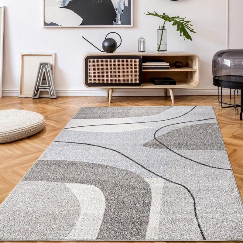 Tapis moderne avec un motif artistique abstrait en beige et gris, Rectangle 6 pi 7 po x 9 pi 2 po