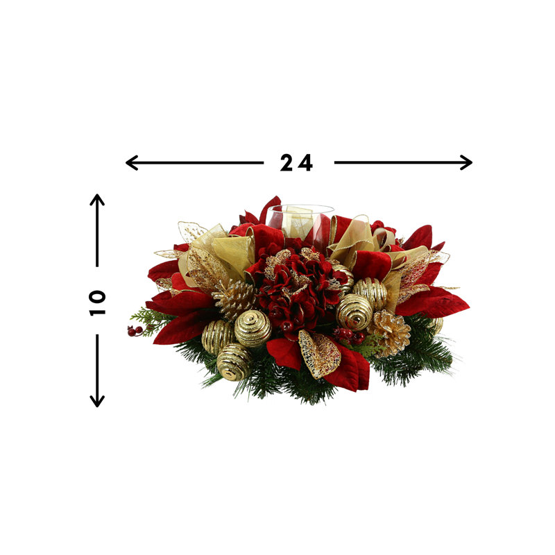 Holiday Candleholder Centerpiece with Hydrangeas, Ornaments and Decorative Leaves
