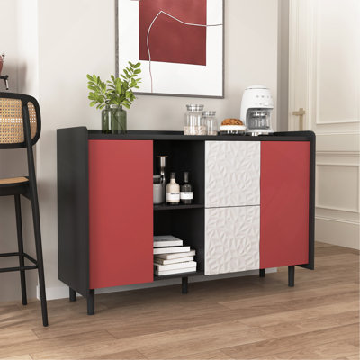 Buffet avec buffet, armoire de rangement avec portes, 2 tiroirs à panneau unique et 2 compartiments de rangement ouverts, armoire de bar moderne pour la cuisine et la salle à manger