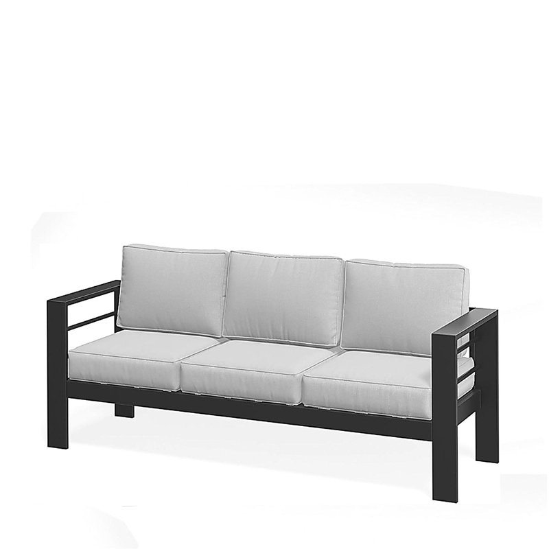 Canapé de patio 75 po 3 places toutes saisons en métal avec coussins épais gris clair et structure noire