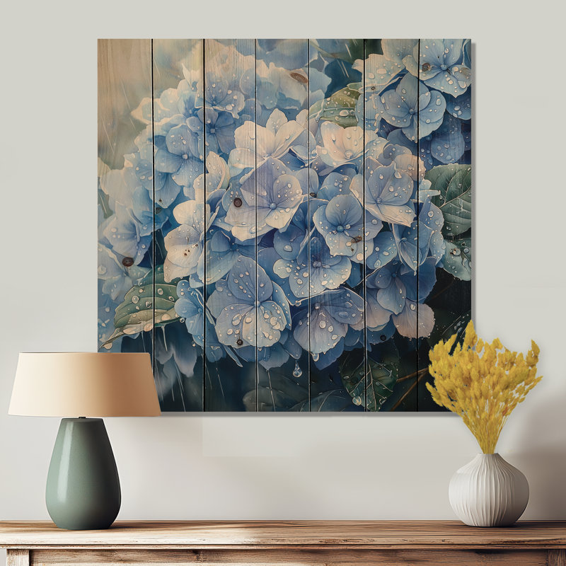 Hortensias dans la pluie printanière I - Décoration murale en bois d'hortensias - sur bois de pin naturel