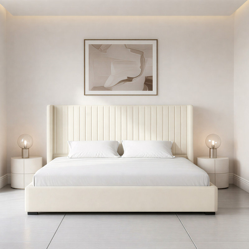 Premium Plush Bed Frame – Elegant Padded Bed with 48” Statement Headboard, Solid Wooden Bed – Contemporary Designer Finish