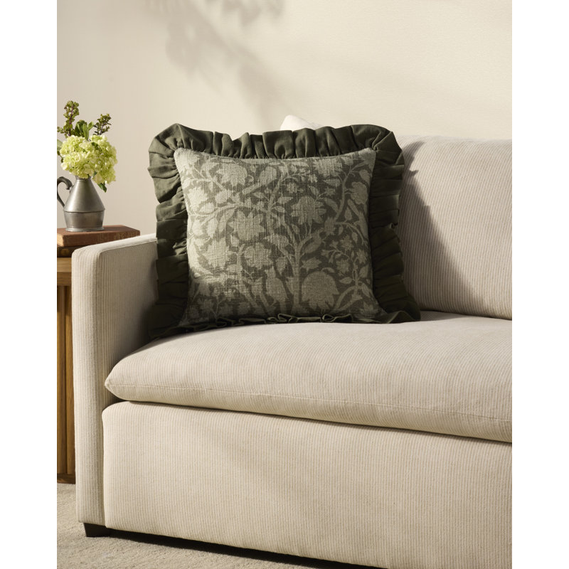 Green Floral Cotton Throw Pillow with Ruffled Edges, 18" x 18"