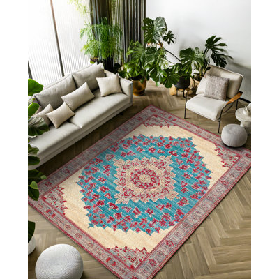 Tapis en coton à imprimé oriental bleu Gulustan