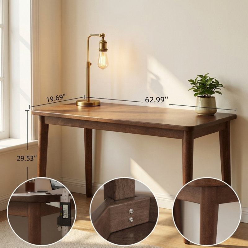 63-Inch Solid Walnut-Colored Desk, Rubberwood Desk In Mid-Century Modern Style, Ideal For Small Spaces