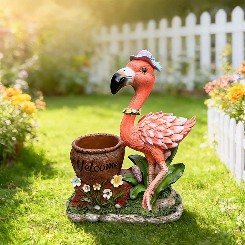Playful Flamingo Outdoor Garden Sculpture with Built-in Planter, Unique Yard Decoration and Solar Light
