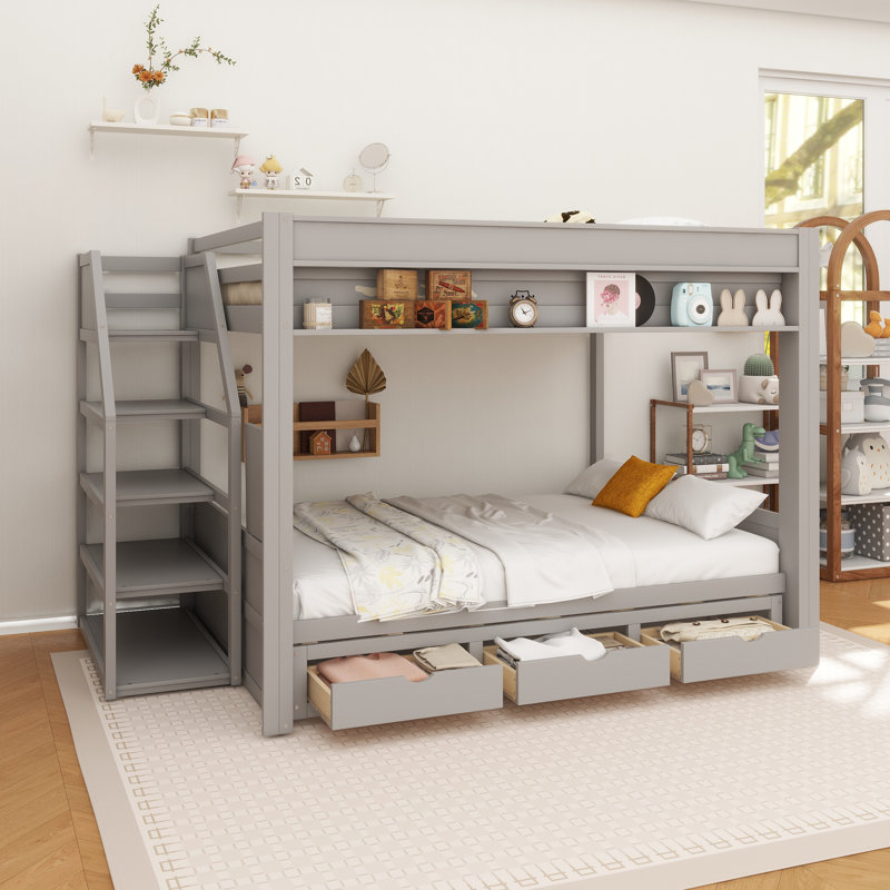 Lit superposé convertible en bois pleine grandeur avec escalier de rangement, table de chevet et 3 tiroirs, gris, Gris