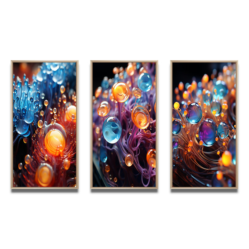 3D Molecules Macro Photography - Abstract Shapes Art Set Of 3 Pieces, Encadré naturel, H 20 po x l 36 po