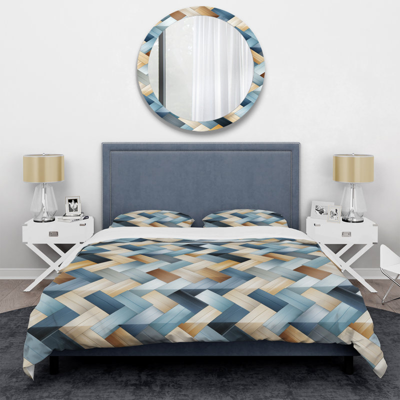 Natural Tones Grey And Beige Mosaic Geometric Shapes Duvet Cover, Twin Duvet Cover + 1 Standard Sham, Chevron / Zig Zag