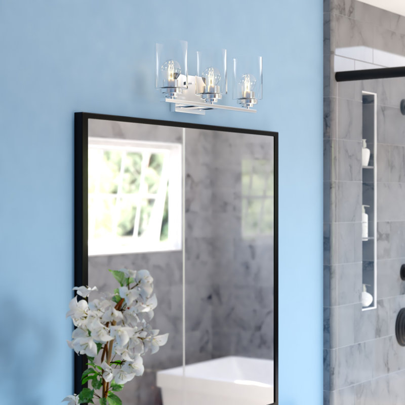 Hitchin Transitional Bathroom Vanity Lighting Fixture, Clear Glass Cylinder Shade, Dimmable, LED Compatible, Reversible Over The Mirror Mounted Steel Wall Sconce