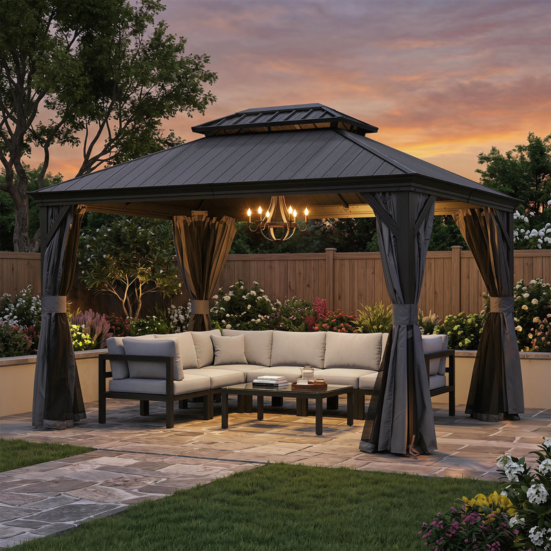 Outdoor Patio Metal Frame Gray Wood Grain Resin Roof Gazebo with Privacy Curtain Mosquito Netting, Gray