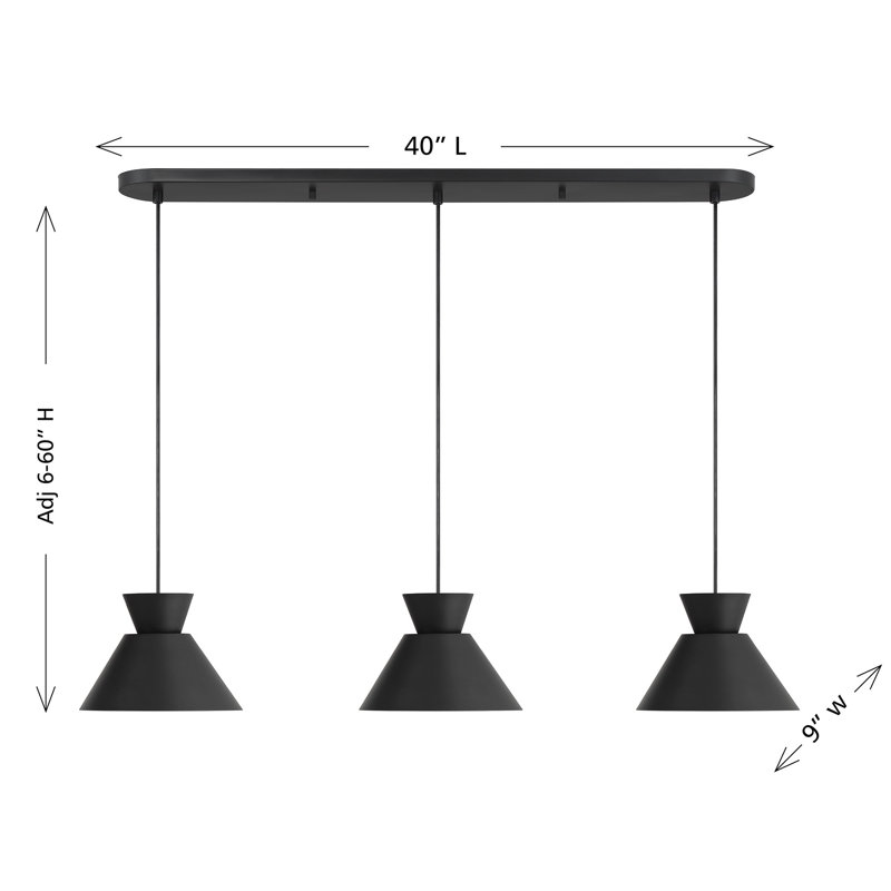 Ohiremen 3-Light Linear Chandelier in Matte Black, Matte Black