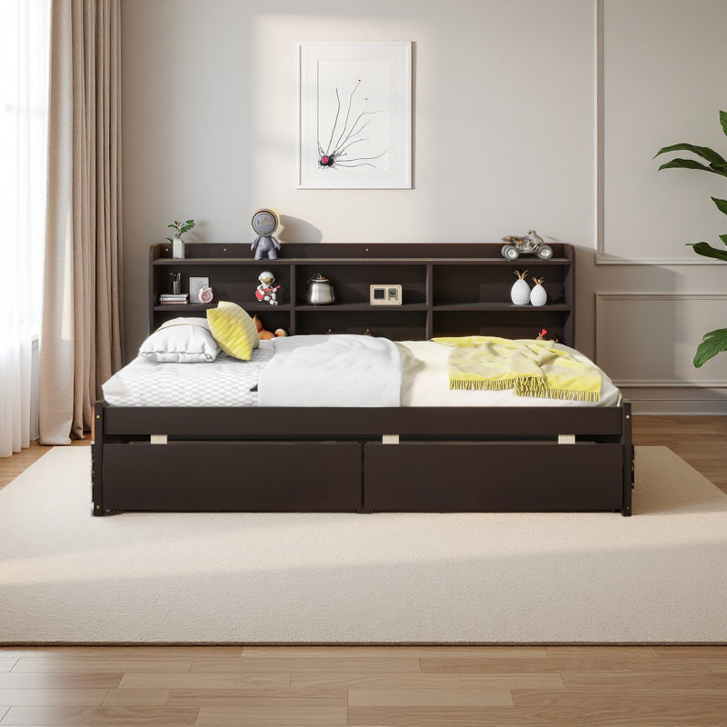 Bed With Side Bookcase, Drawers, Twin