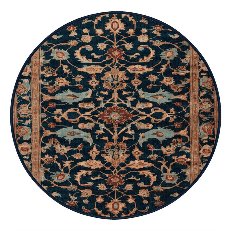 Machine Washable Persian Blue Area Rug, Round 4'