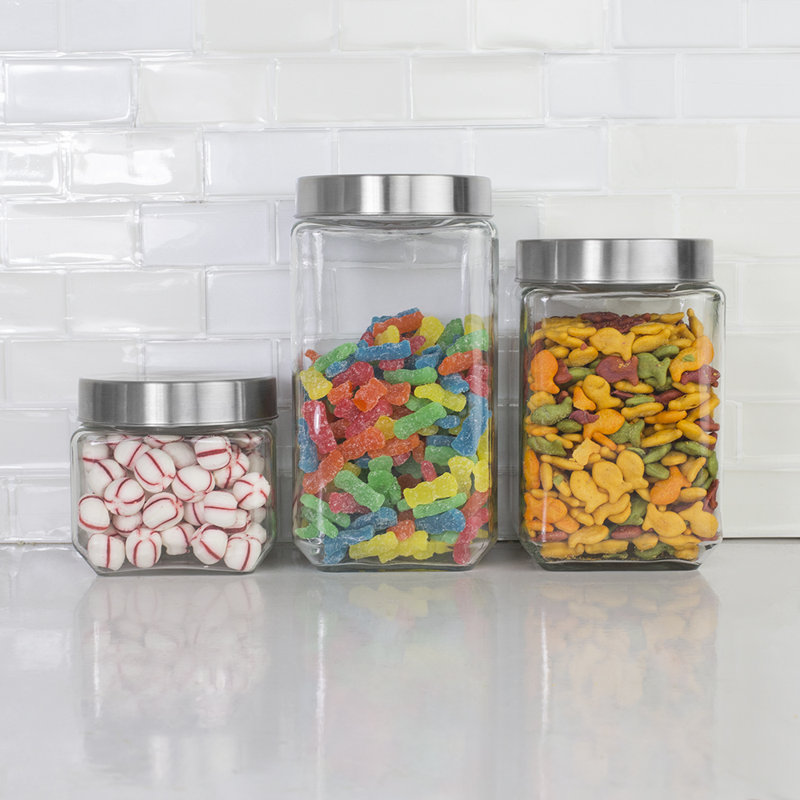 Clear Glass Square Canister Set with Stainless Steel Lids, 4-Piece