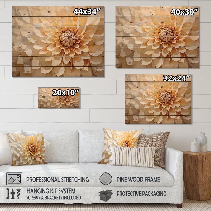 Minimalisme Dahlia - art mural en bois Dahlia sur bois de pin naturel, H 30 po x l 40 po