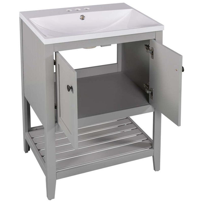 Gray MDF Freestanding Single Bathroom Vanity with Cultured Marble Sink