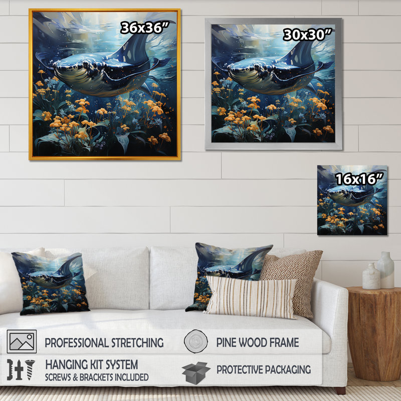 Manta Ray Dance 1 - art mural animaux côtiers, Cadre simple argenté, H 30 po x l 30 po x P 1,5 po