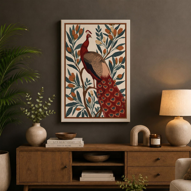 Ornamental Peacock Boho 1 Piece Wrapped Canvas Wall Art, 18x12 - 45.7 x 30.5 cm, Terracotta Border