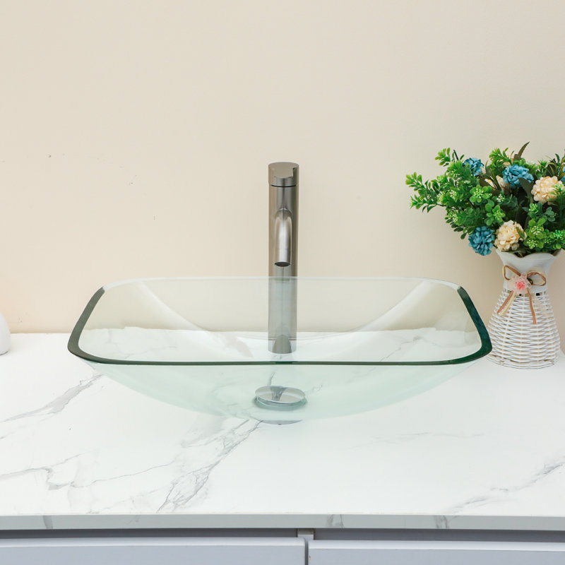 20 1/4" L x 14 1/2" W Rectangular Glass Bathroom Sink Vessel Sink with Pop-Up Drain