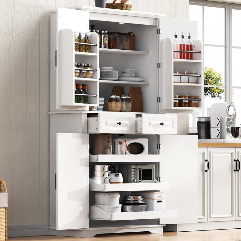 Armoire de rangement pour garde-manger de 71,3 po de hauteur avec 3 organisateurs coulissants, White