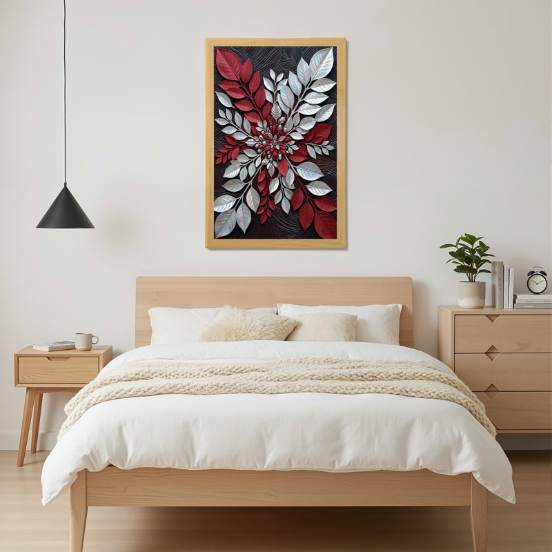 Toile naturelle encadrée en bois naturel pour salon, chambre à coucher, bureau ou vestibule - décoration murale décorative avec argent rouge