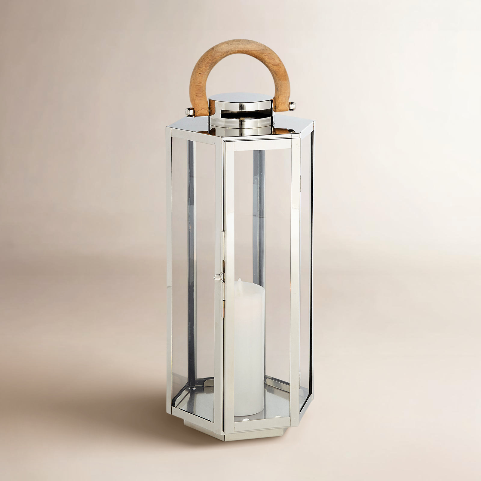 Outdoor Lantern Candle Holder, 23" H x 9" W x 9" D, Stainless Steel/Silver