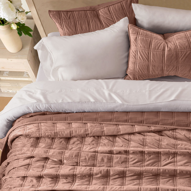 Double Box Stitch Velvet Quilt set, King Quilt + 2 King Shams, Terracotta Clay