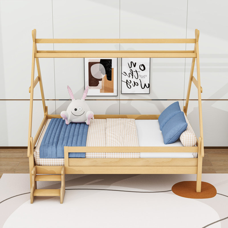 Lit en bois en forme de maison avec lattes, Naturel