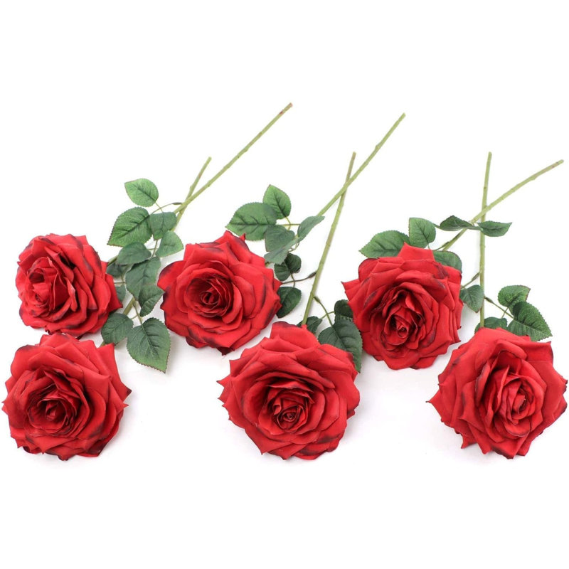 Tige de roses rouges de 6 pouces, faux floral pour arrangements de vase et décoration intérieure, Rouge