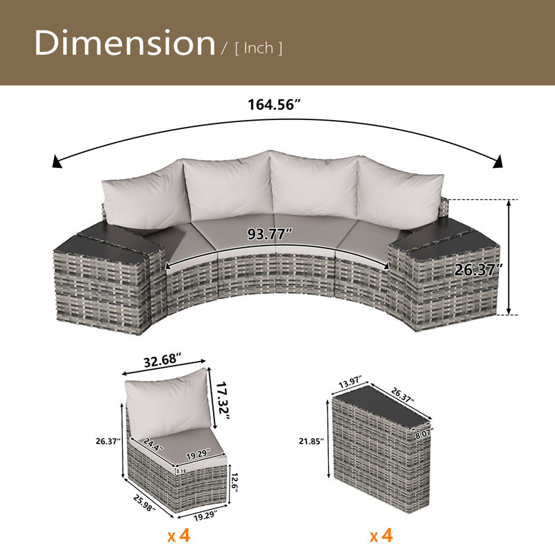 Ensemble de canapé modulaire d'extérieur demi-lune 8 pièces