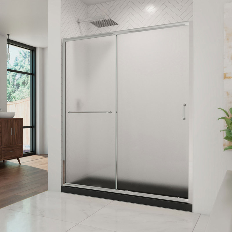 DreamLine Infinity-Z 30 inch D x 60 inch W x 74 3/4 inch H Semi-Frameless Sliding Frosted Shower Door in Chrome with Center Drain Black Shower Base Kit