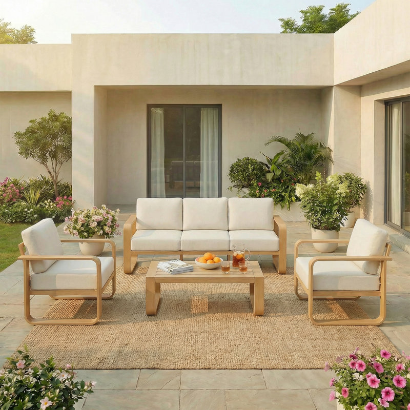 5 - Person Patio Conversation Set With Cushions, Beige Cushion/Natural Wood Frame, 4 Pcs: Sofa, 2 Chairs, Coffee Table