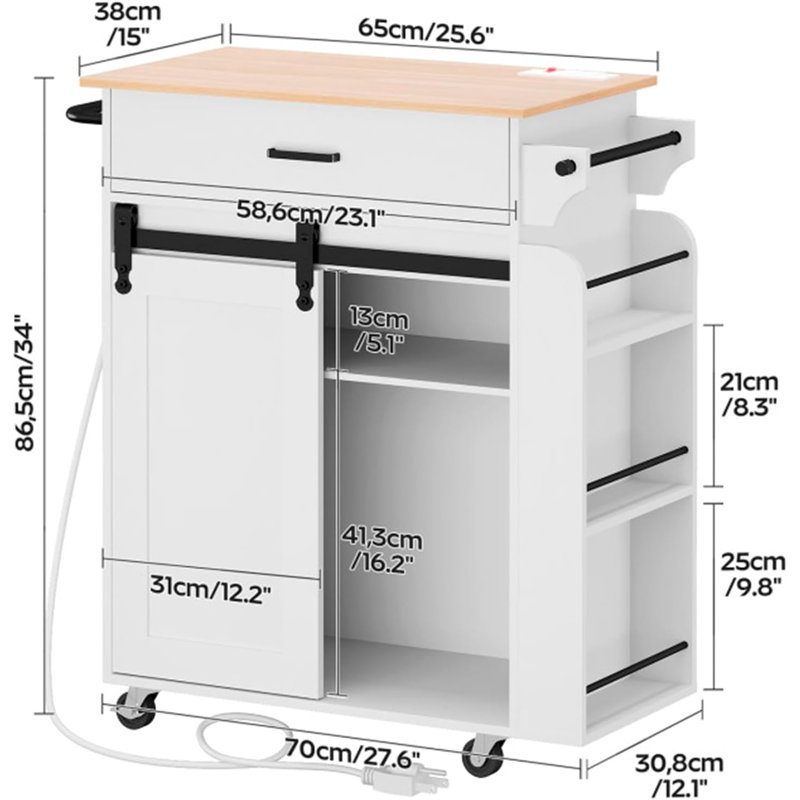  Farmhouse 31.5"W Kitchen Island Ralling Kitchen Cart with Storage and Charging Station, White