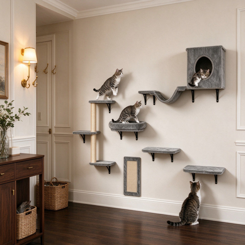 Étagères et perchoirs muraux pour chats avec plateformes de saut, hamac, canapé, arbre à chat et support pour chat. Mobilier mural pour chats pouvant supporter jusqu'à 18 kg, idéal pour dormir, jouer et grimper. Ensemble de 6.