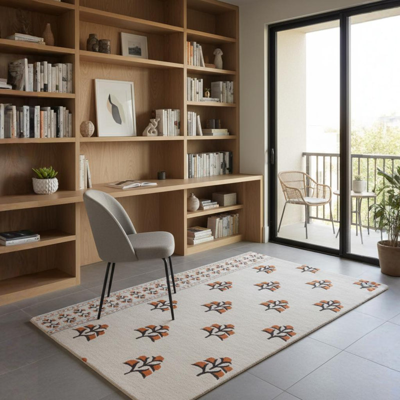 Tapis en laine à motif floral moderne touffeté à la main beige, noir, bleu et orange Ailey, 5 pi x 7 pi 6 po