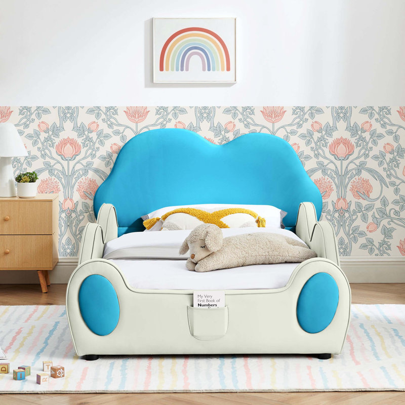 Lit simple mignon en forme de nuage pour enfants en cuir de polyuréthane avec barrières de sécurité, lit pour tout-petits sécuritaire avec pochette de rangement bleue et beige