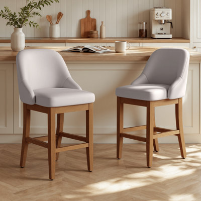 Modern Thick Upholstered Counter Height Bar Stool With Back, Faux Leather Seat & Walnut Rubberwood Legs