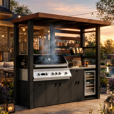 103.3“ Wide Galvanized Steel Patio Grill Gazebo Outdoor Kitchen Cabinet (Excludes grill and refrigerator)