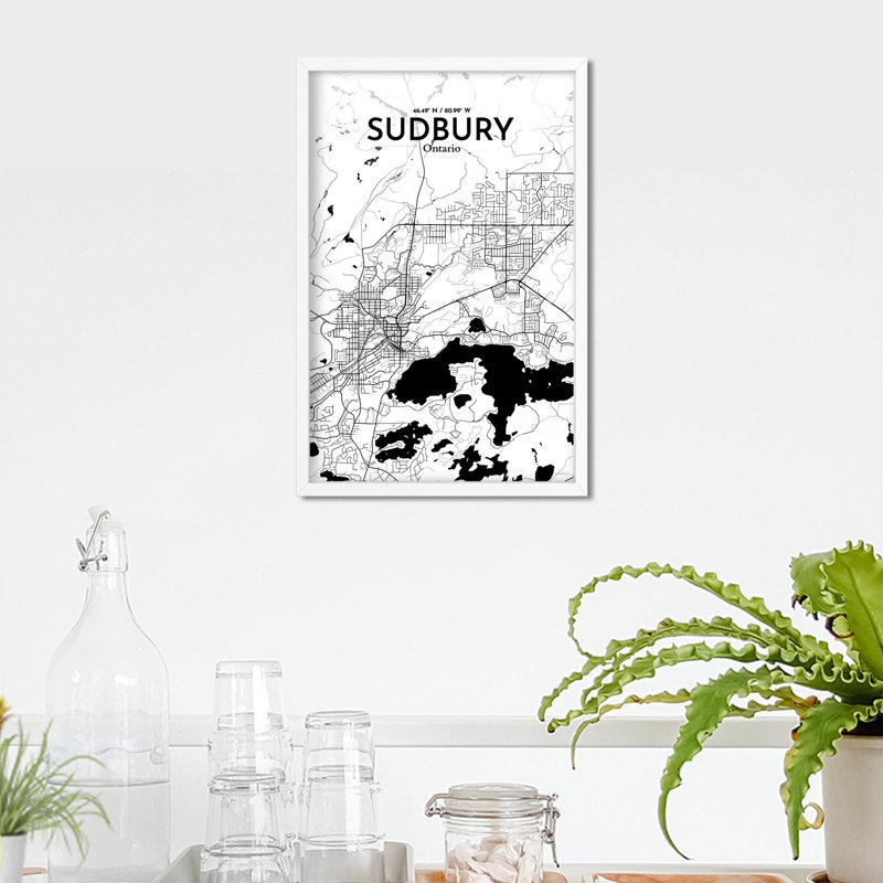 Sudbury City Map, impression, H 17 po x l 11 po, Noir / blanc